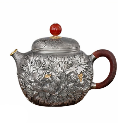 Handcrafted 9999 Pure Silver Peony Motif Teapot